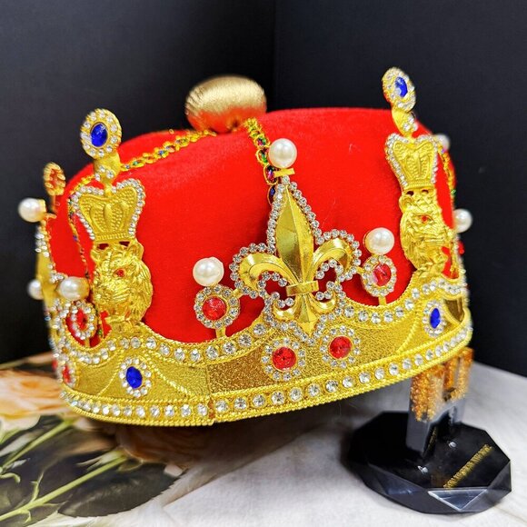 Royal Velvet Gold King's Crown, Tufted King Crown, Crystal Gold Crown, Gifts - Picture 2 of 8